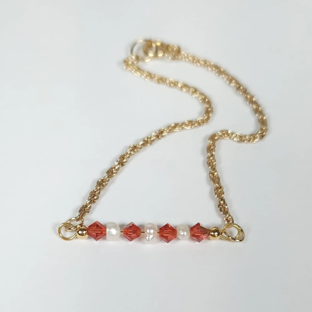 Handmade White Pearl & Pink Peach AB Crystal Bar Gold Bracelet Rope Twist Chain